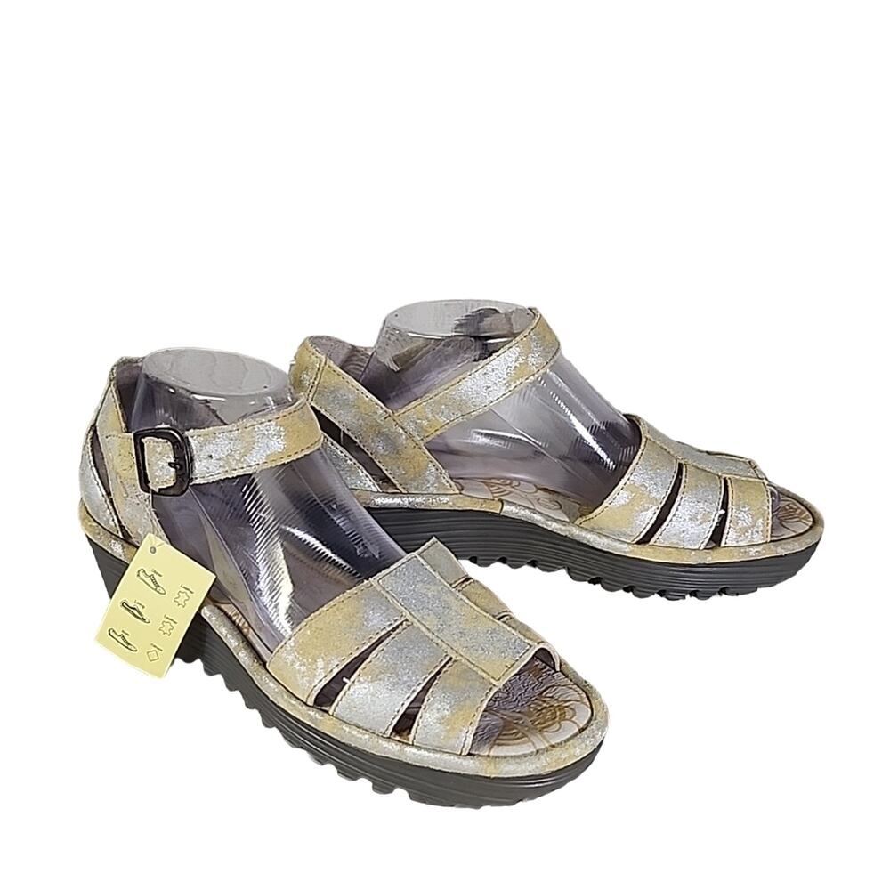 Fly London Yellow Silver Leather Wedge Heel Sandals, Women's Size 41, NWT